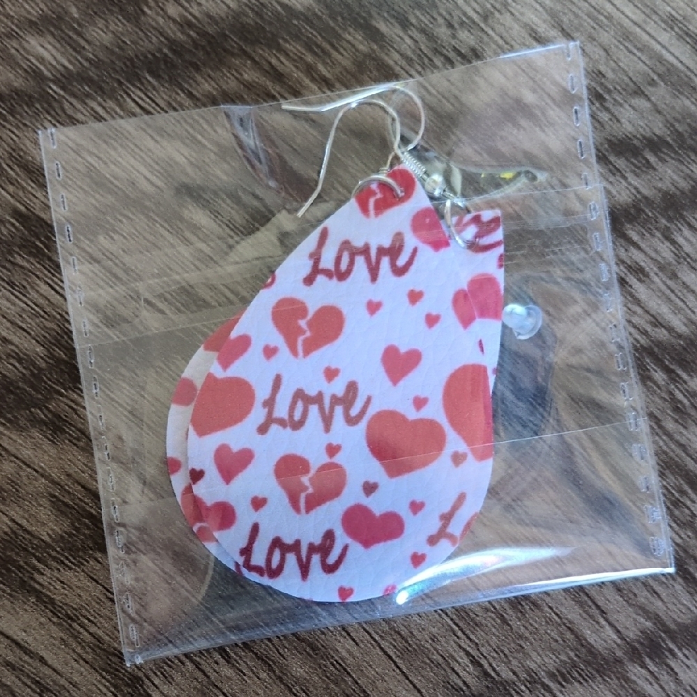 Leather Heart and Love Teardrop Earrings